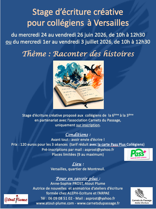 Stage d’écriture créative pour collégiens fin juin-début juillet